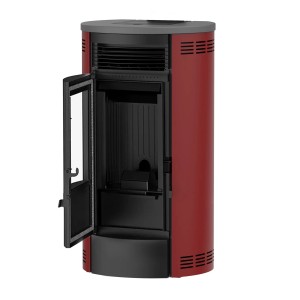 Sannover Luft-Pelletofen Flavia 9,5 kW Bordeaux mit offener Tür, zylindrische Form.