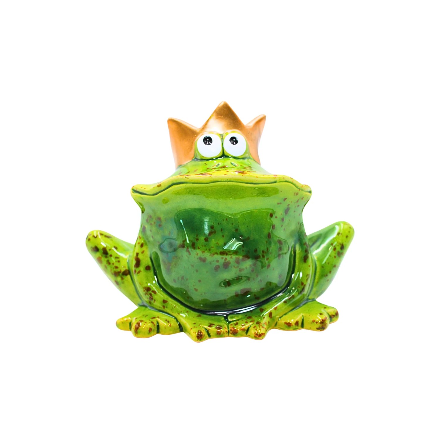 Dekohelden24 Lustiger Deko Frosch mit Goldener Krone Froschkönig aus Keramik in Grün L/B/H ca 9 x 16 x 12 cm