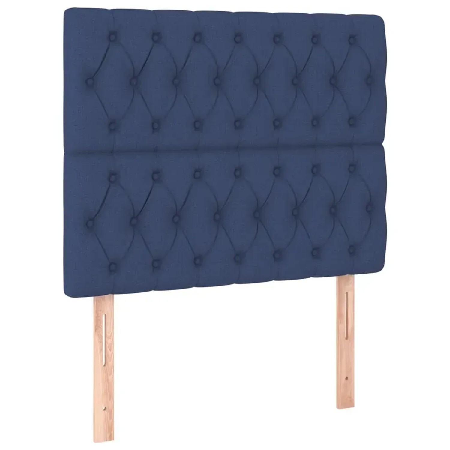 Blaues Boxspringbett 90x200 mit Stoffbezug und gestepptem Kopfteil.
