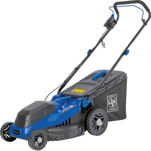 Blauer LUX-TOOLS Elektro-Rasenmäher E-RM-1600/38 Highwheel mit Fangkorb.