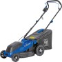 Blauer LUX-TOOLS Elektro-Rasenmäher E-RM-1600/38 Highwheel mit Fangkorb.