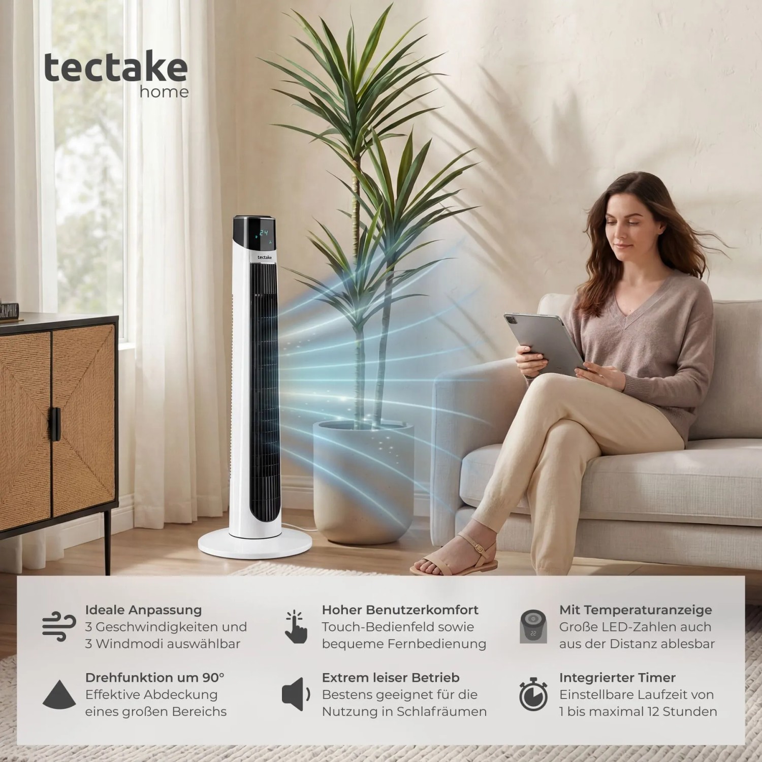 Tectake Turmventilator Arktis 90° Schwenkfunktion 3 Modi und 3 Geschwindigkeitsstufen  32 x 32 x 93 cm Weiß_2