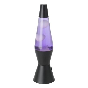 Schwarze Eglo LED-Lavatischleuchte mit violetter Flüssigkeit und weißem Wachs. Bewegter Lava-Effekt für Ambiente.