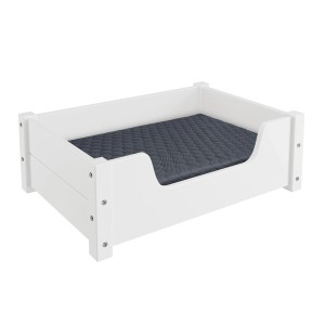 Weißes Tierbett aus Kiefernholz mit Rollrost und grauer Matratze, 60x40 cm. Hundesofa für kleine Hunde und Katzen.