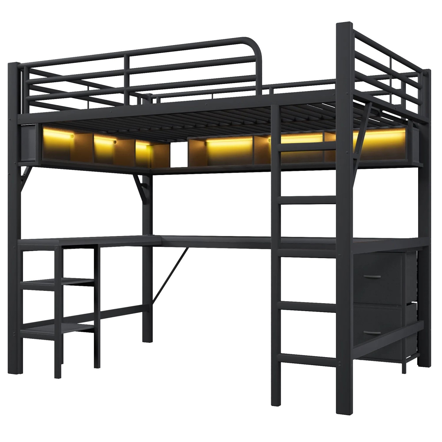 okwish Metall Hochbett 140x200cm mit Regal Schreibtisch USB und LED Schwarz ohne Matratze