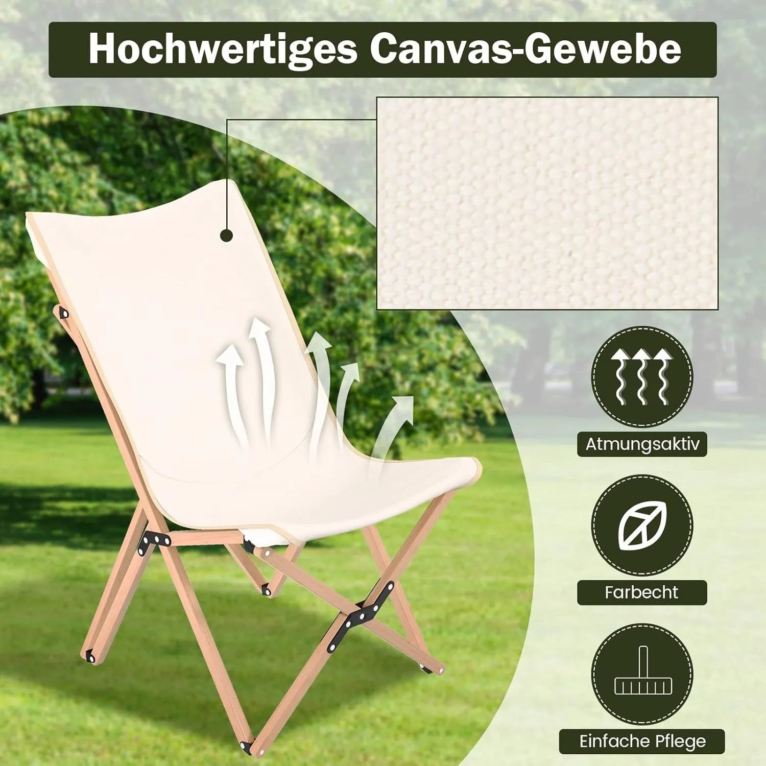 2er Set Costway Campingstühle, faltbar, mit Bambusgestell und beigem Canvas-Bezug.