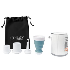 Technaxx Mini-Akku-Luftpumpe TX-261 mit Zubehör und LED-Licht, weiße Ausführung.