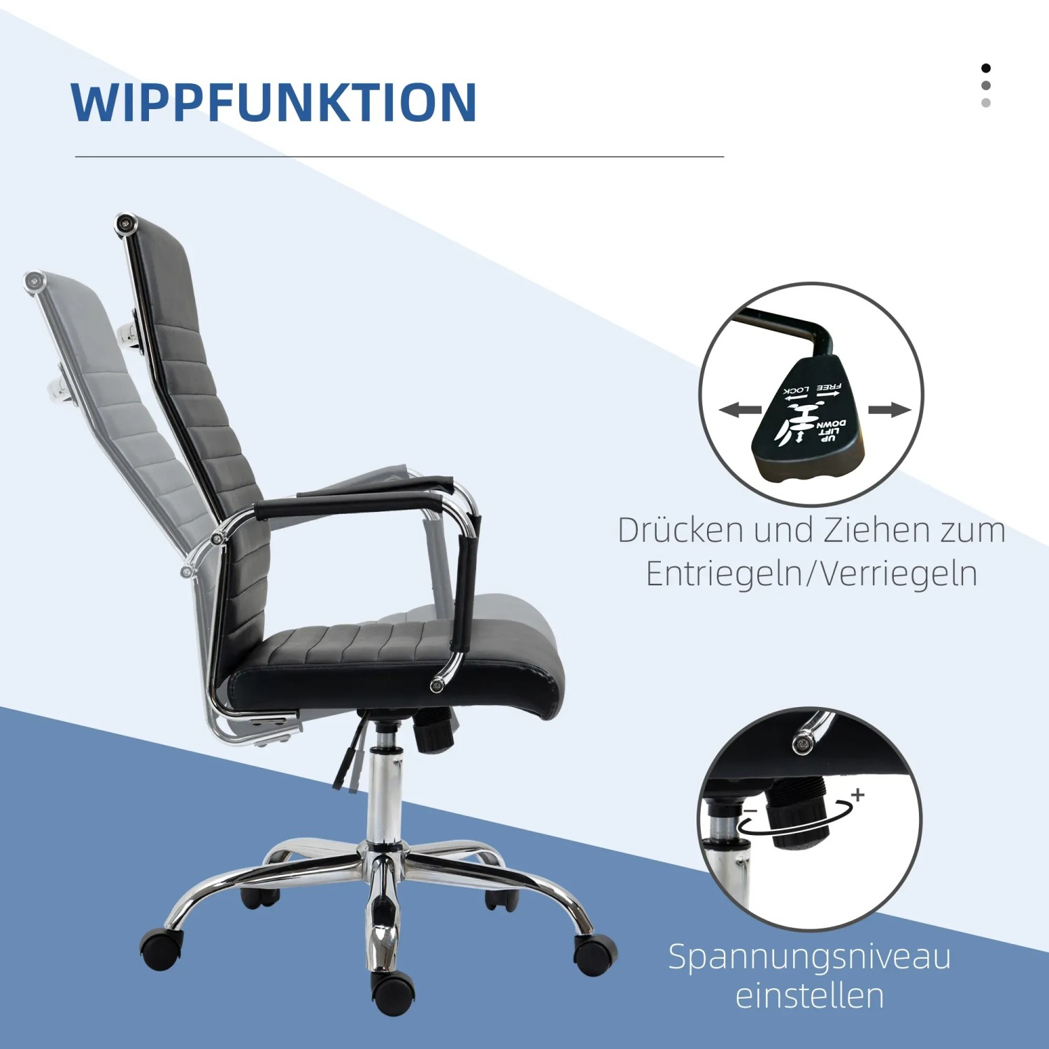 Vinsetto Bürostuhl mit Wippfunktion, höhenverstellbar, schwarzes Kunstleder, Chromgestell.