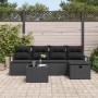Schwarzes 6-teiliges vidaXL Garten-Sofa-Set aus Poly Rattan mit Kissen und Tisch.