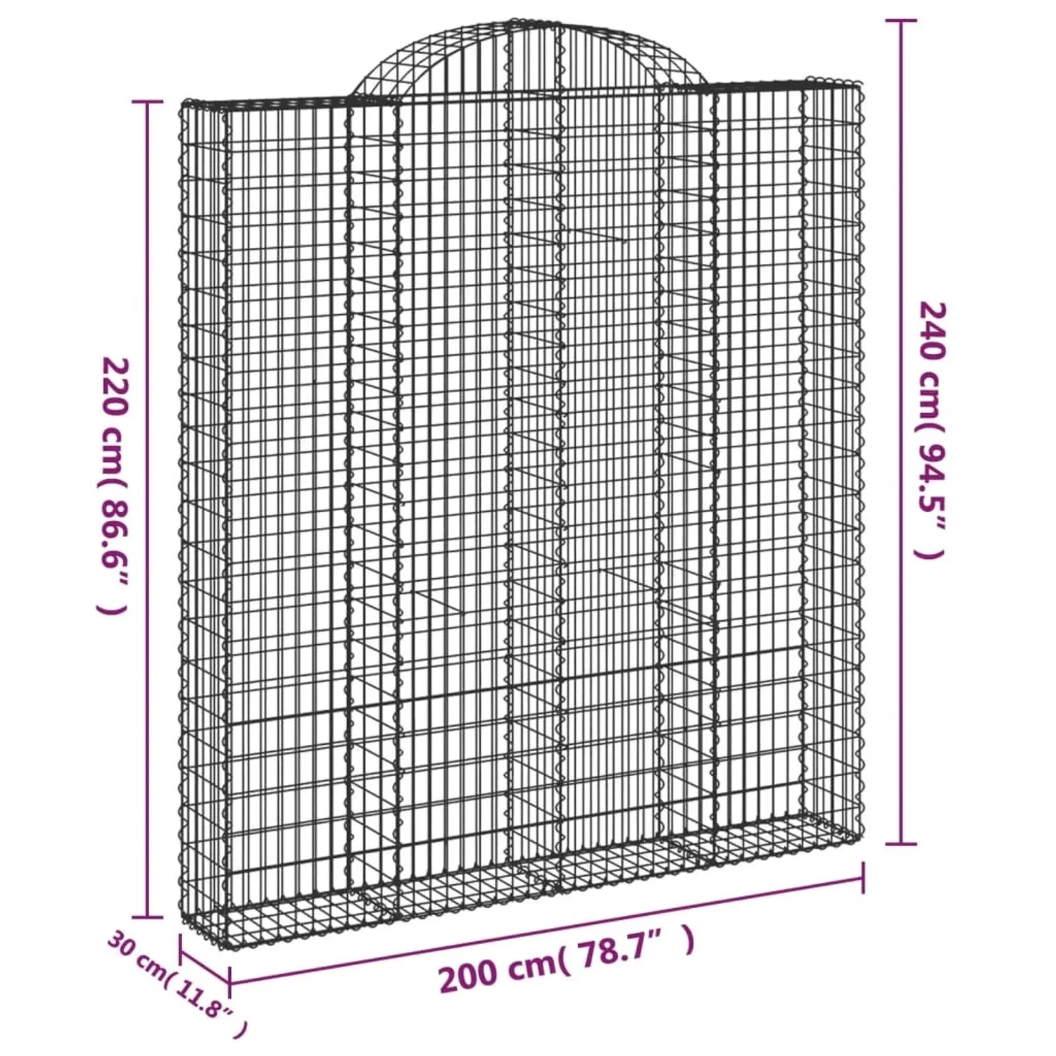 Leere, silberne vidaXL Gabione mit Hochbogen, 200x30x220/240 cm, aus verzinktem Eisen.