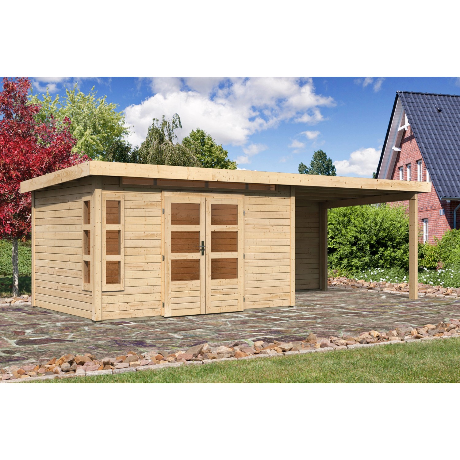 Karibu Holz-Gartenhaus/Gerätehaus Kastberg Naturbelassen Flachdach 360 cm x 240 cm
