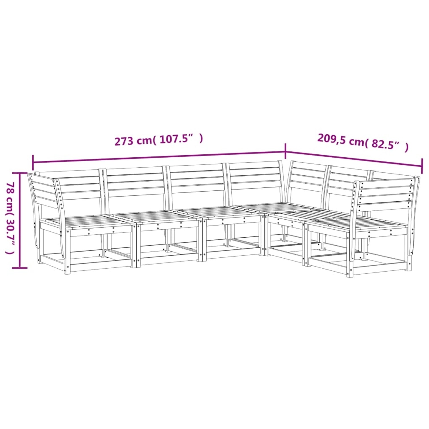vidaXL 6-tlg. Garten-Sofagarnitur aus Douglasie, Maße eingeblendet.