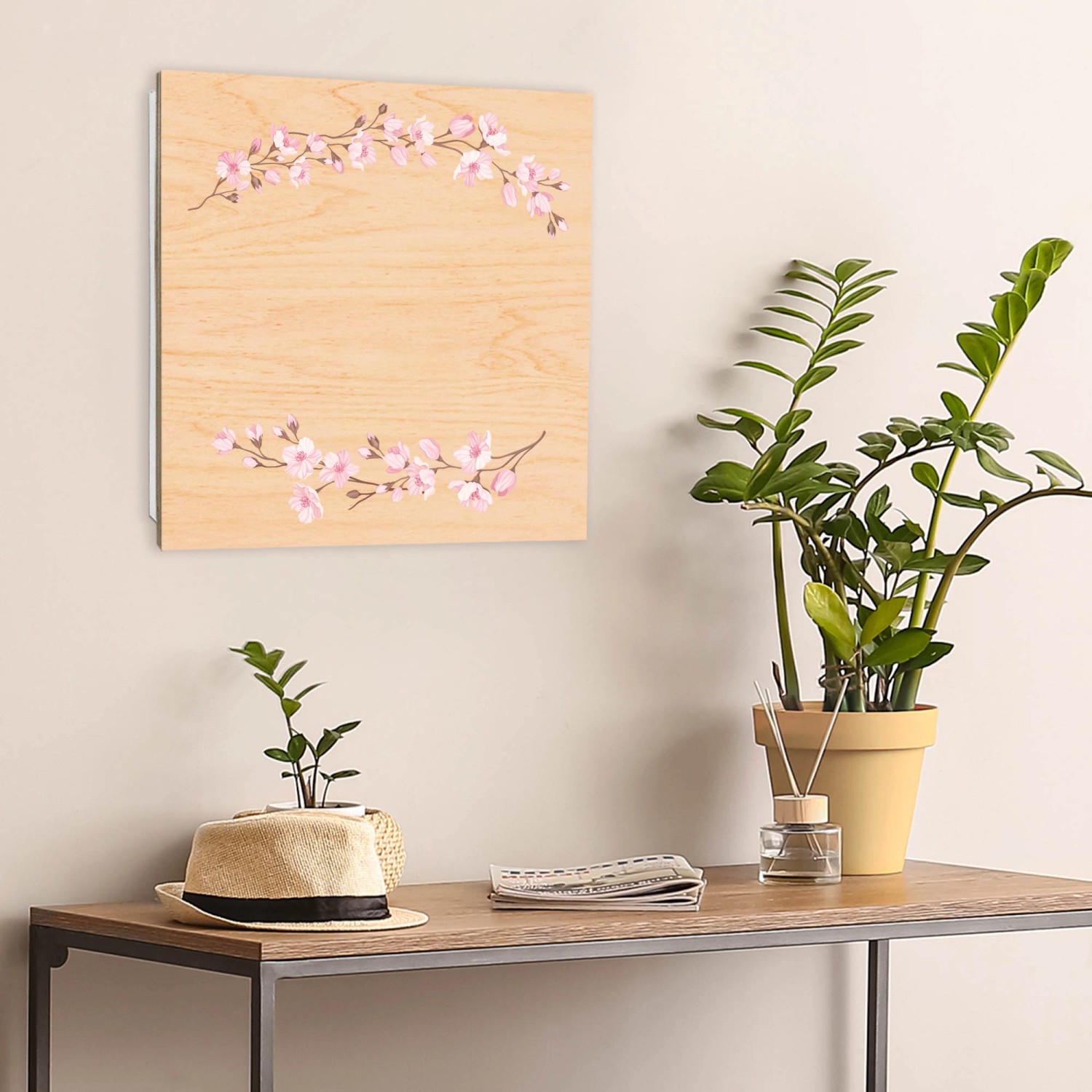 Weißer Banjado Schlüsselkasten aus Holz mit Kirschblüten-Motiv und 50 Haken.