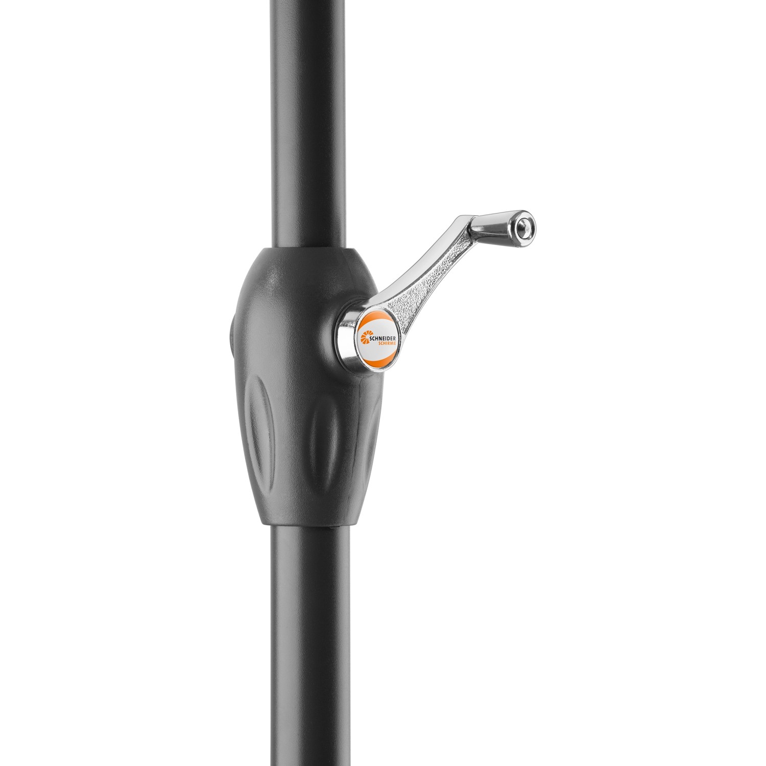 Detailaufnahme: Kurbelmechanik des silbergrauen Schneider Marktschirms. Einfache Bedienung zum Öffnen und Schließen.