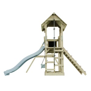 PolarPlay Babyschaukel Bergen Eisblau mit Rutsche und Kletterturm aus Holz.