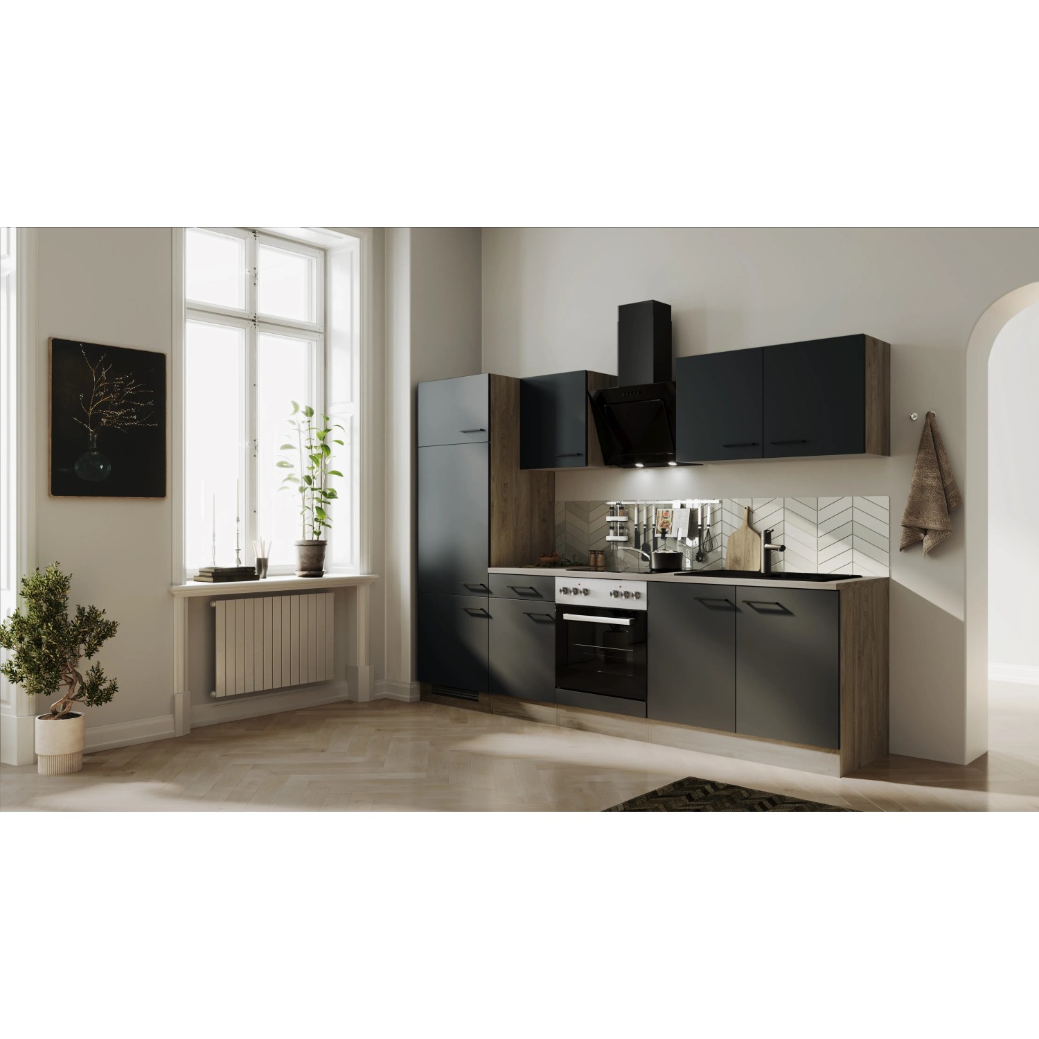 Flex-Well Küchenzeile Capri 270 cm in Schwarz Matt und Endgrain Oak mit E-Geräten.