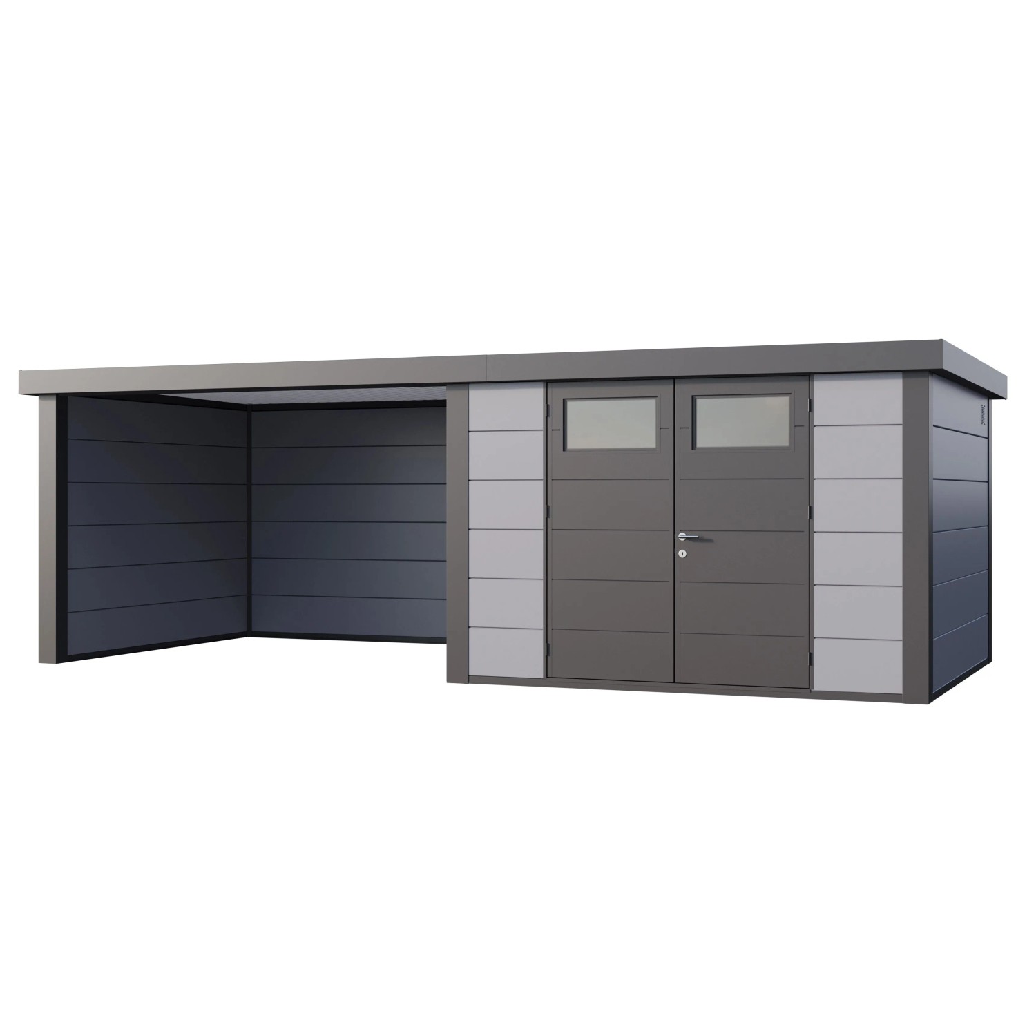 Gerätehaus Classico 3030 mit Lounge L Links 642 cm x 238 cm Hellgrau