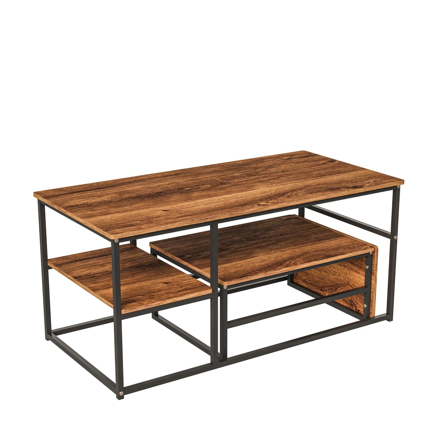 PXloue Satztische Braun 2 Stk. Rechteckiger Couchtisch mit Metallrahmen