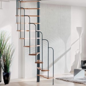 Treppen Intercon Raumspartreppe Skidoo Plus Halbgewendelte Spindeltreppe für Deckenöffnung 120 x 60 cm Metallfarbe Lava-Anthrazit Stufen Buche
