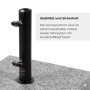 Detailaufnahme: Heller Granitsockel mit schwarzem Schirmständer und Schrauben zur Fixierung des Schirms.