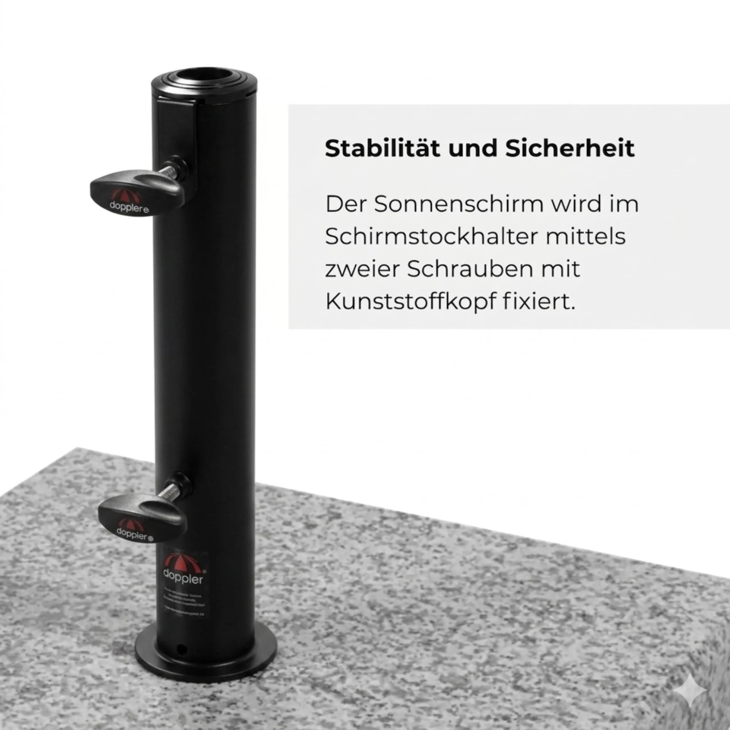 Detailaufnahme: Heller Granitsockel mit schwarzem Schirmständer und Schrauben zur Fixierung des Schirms.