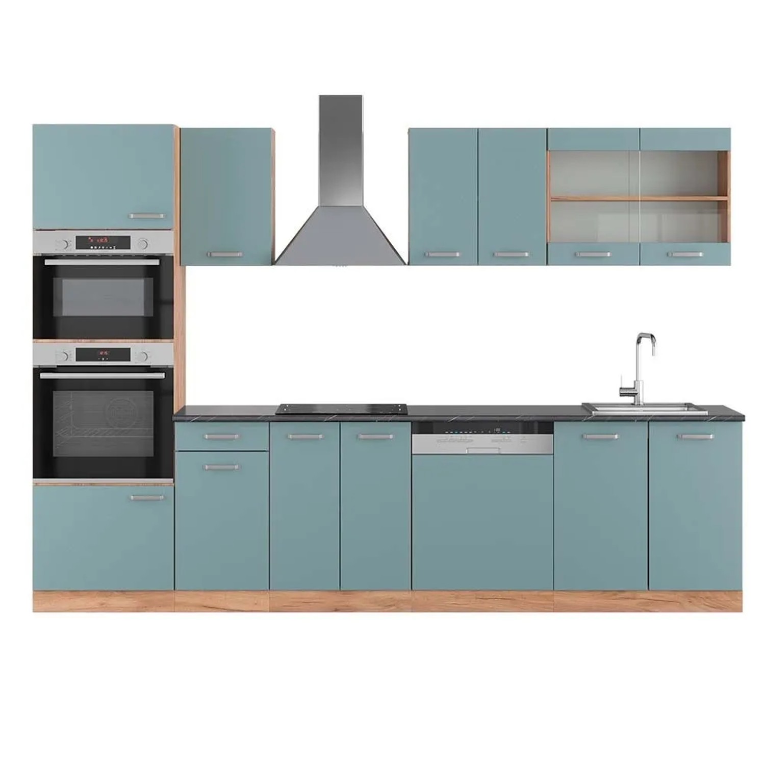 Vicco R-Line Küchenzeile Blau-Grau Goldkraft Eiche 300 cm mit HochschrankAP Anthrazit ohne E-Geräte