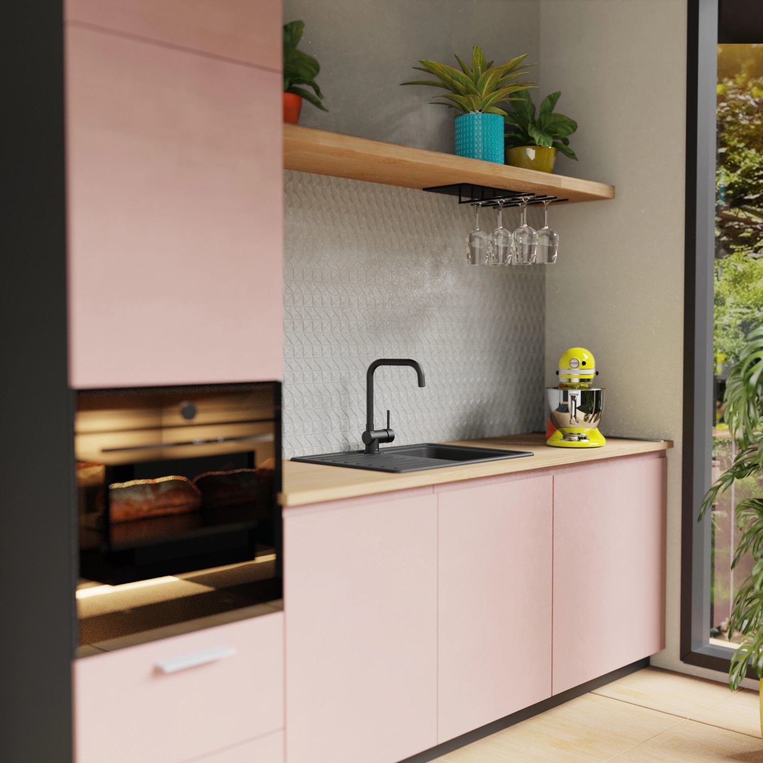 Eisl Spültischarmatur Niederdruck Futura, schwarz matt, in moderner Küche mit rosa Fronten.