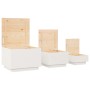 3 weiße Aufbewahrungsboxen aus Kiefernholz mit Deckel, verschiedene Größen.