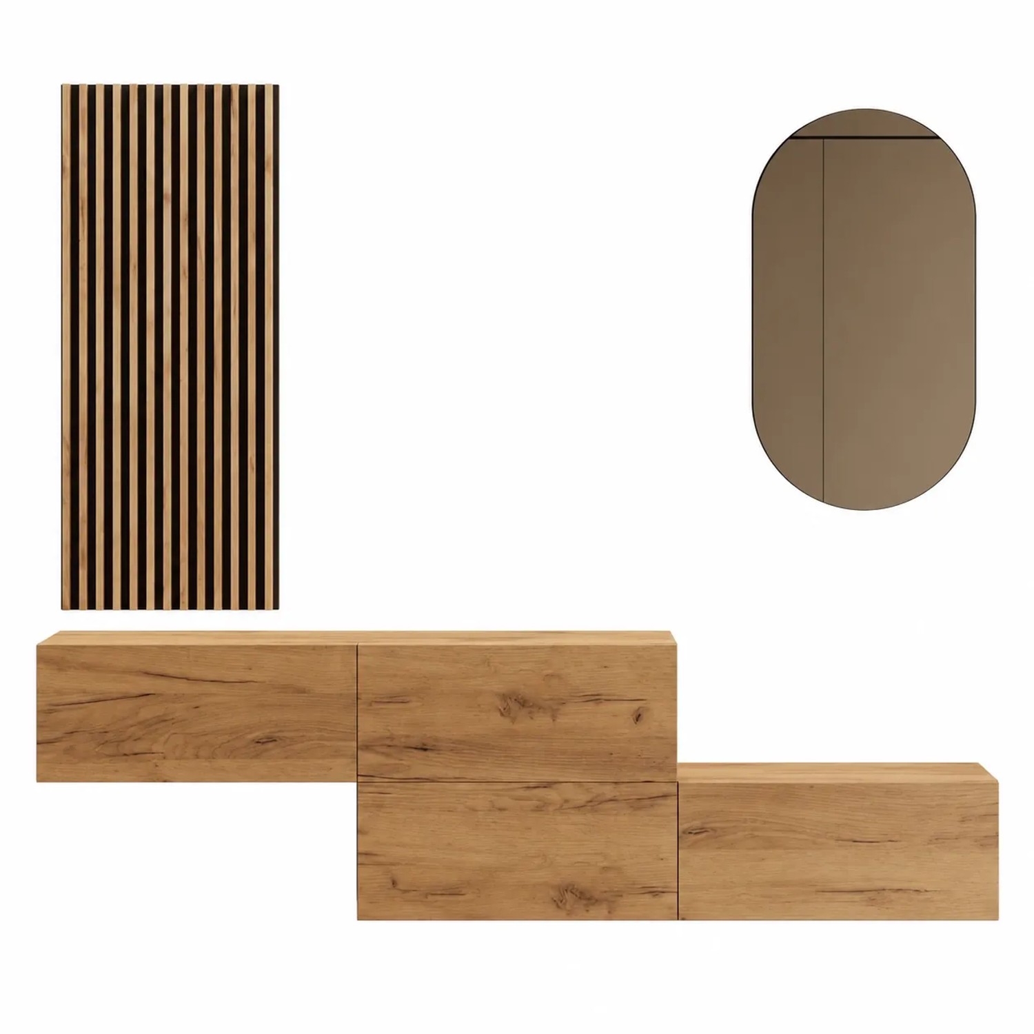 Planetmöbel Flurgarderobe Set 2 x 140 cm Gold Eiche mit Wandpaneel und Spiegel ohne LED Beleuchtung