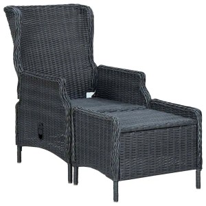 Dunkelgrauer vidaXL Gartensessel aus Poly-Rattan mit verstellbarer Rückenlehne und ausziehbarem Fußhocker.
