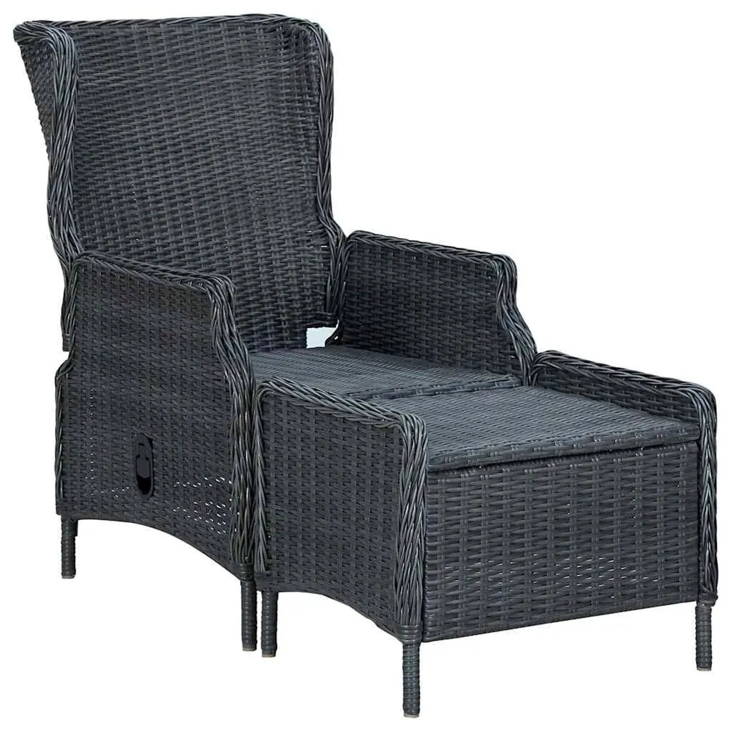 Dunkelgrauer vidaXL Gartensessel aus Poly-Rattan mit verstellbarer Rückenlehne und ausziehbarem Fußhocker.