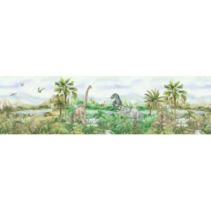 Sanders & Sanders Tapetenbordüre mit Dinosaurier-Motiv in Grün für Kinderzimmer.