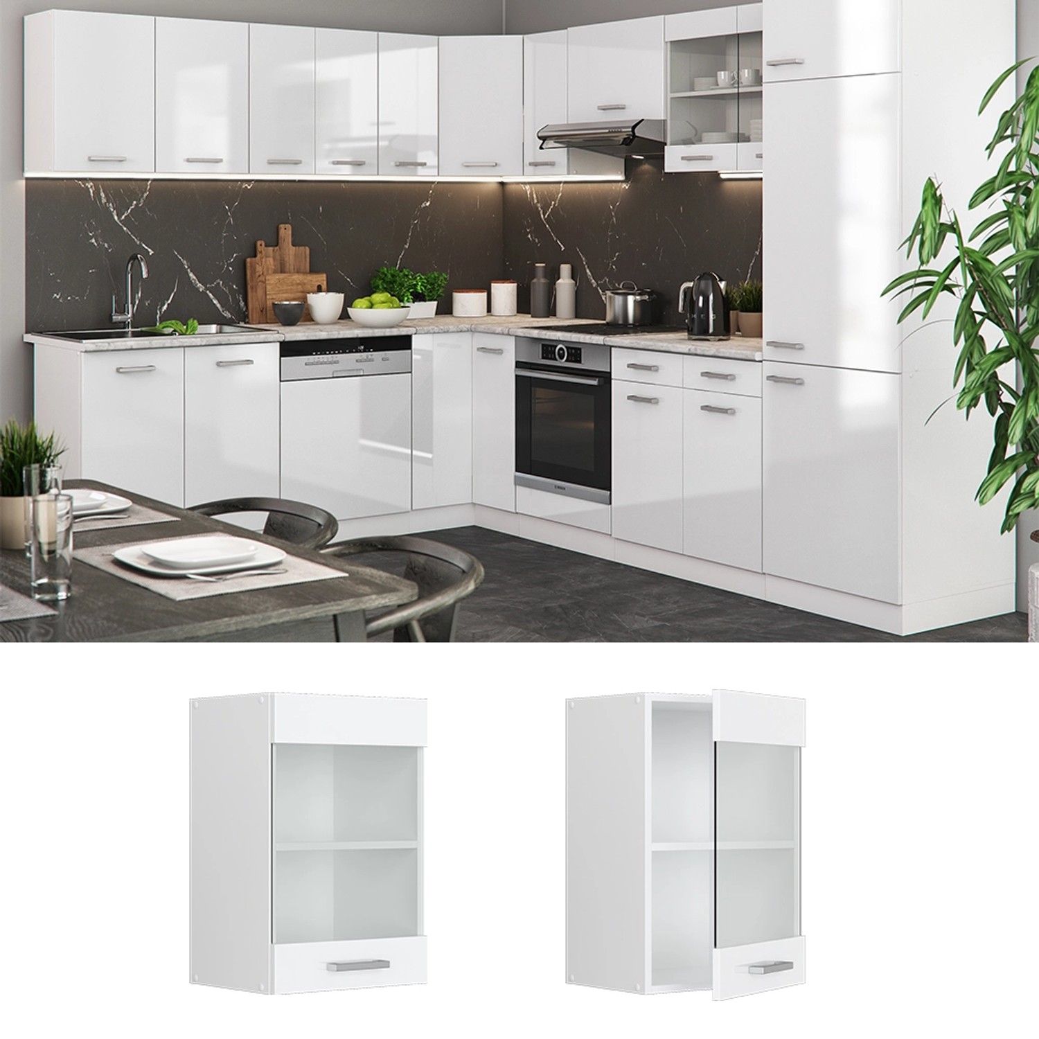 Vicco Küchenglasschrank R-Line, Hängeschrank in Weiß Hochglanz, 40 cm breit.