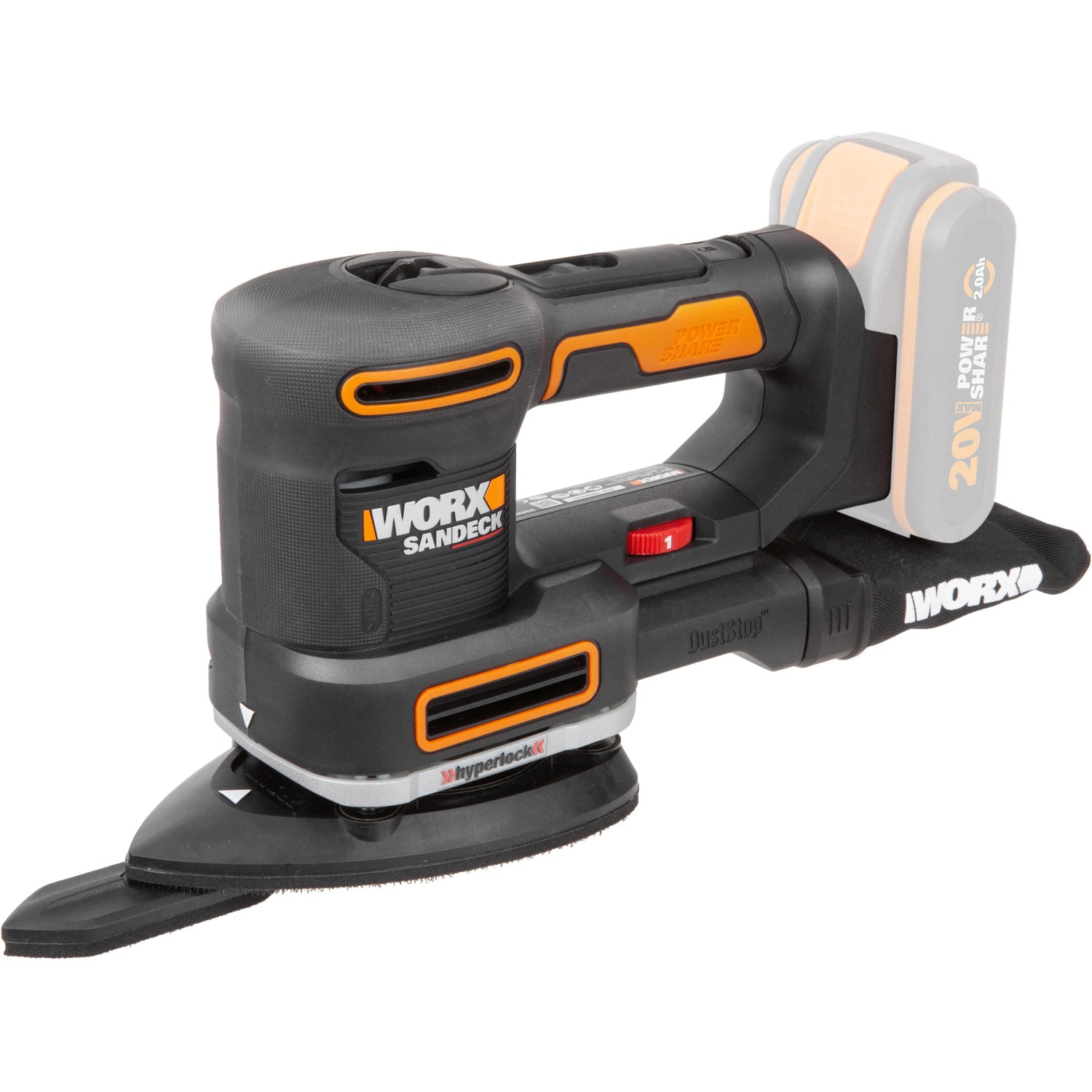 Worx 20 V Akku-Multifunktionsschleifer WX820.9 Solo, ein Multitool für Schleifarbeiten.