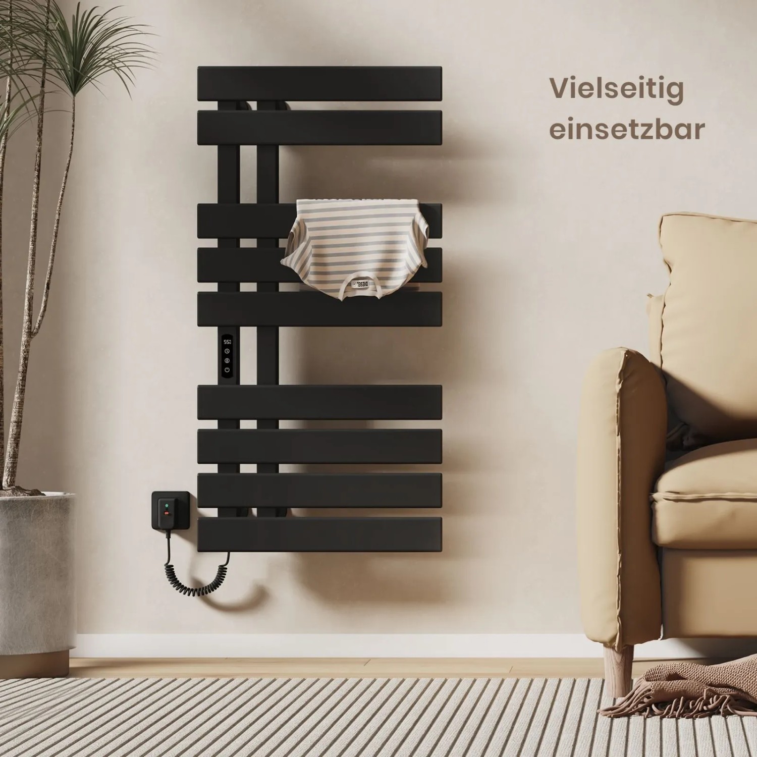 Emke Elektrischer Handtuchhalter 100×50cm Schwarz Flachbadheizkörper 320W LED Display WiFi APP Steuerung Timer_8