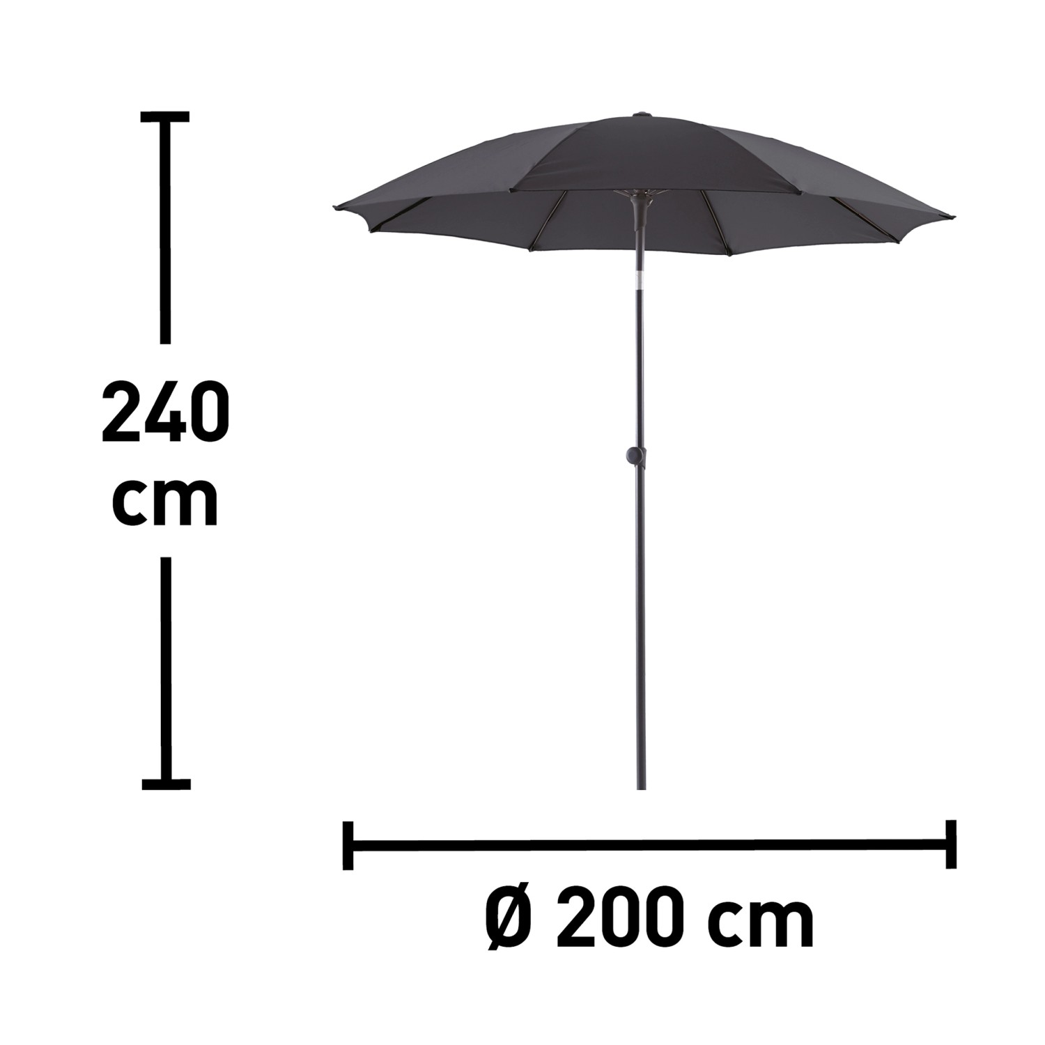 Anthrazitfarbener Marktschirm, Ø 200 cm, mit Neigungsfunktion und Höhenangabe.