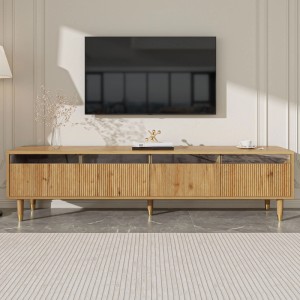 Moderner okwish TV Schrank in Holzoptik mit 4 geriffelten Schubladen, Acryl-Elementen und Stauraum.