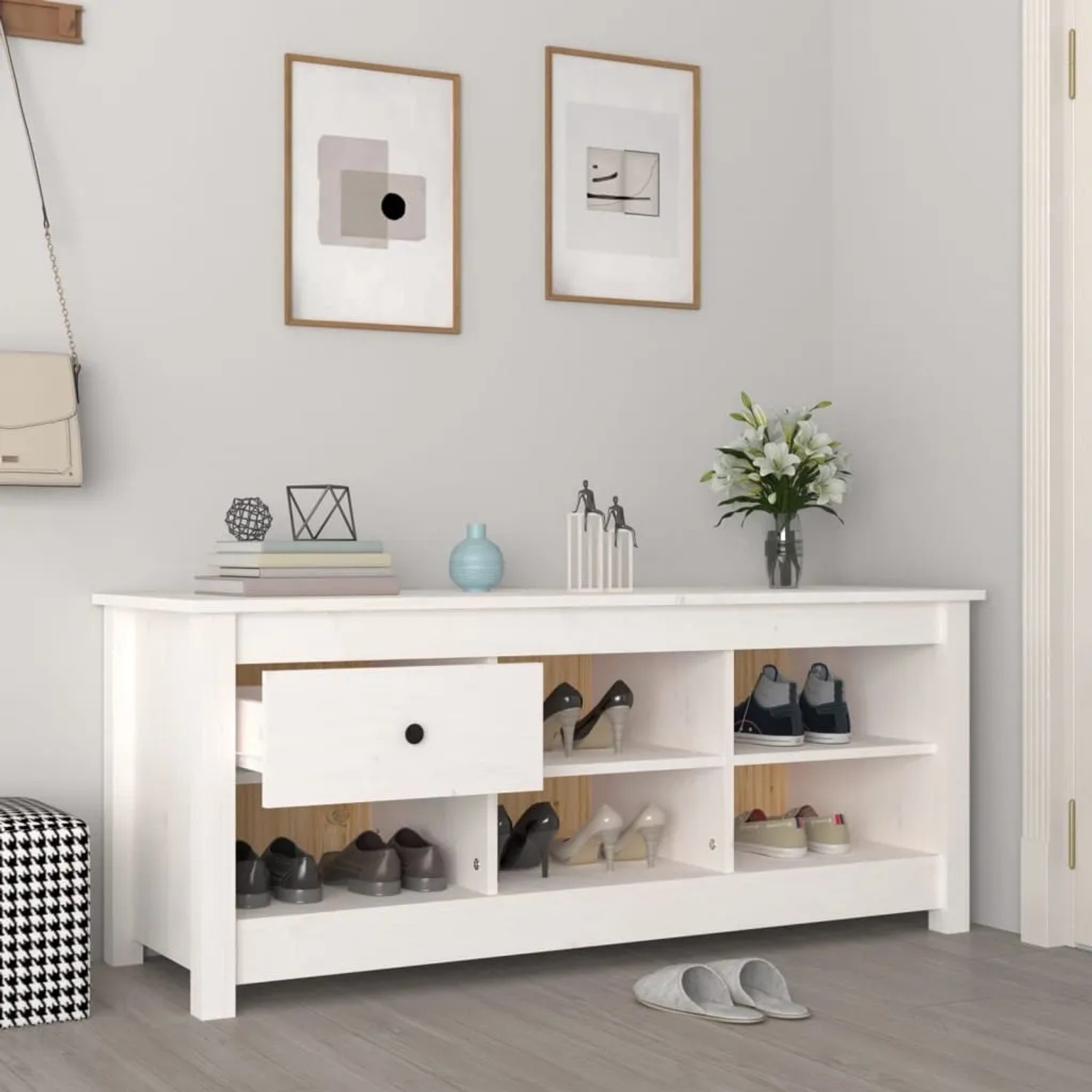 Weißer vidaXL Schuhschrank aus Kiefernholz mit Schublade und Fächern für Schuhe.