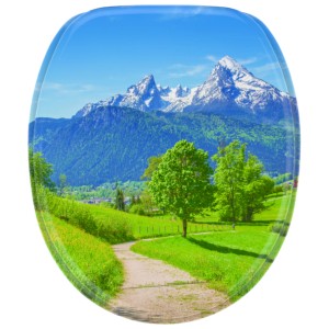 Sanilo WC-Sitz Alpen mit Absenkautomatik, Holz-Toilettendeckel mit Bergmotiv.