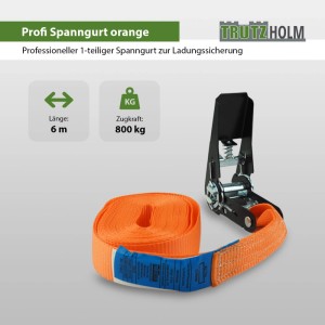 Orangefarbener TRUTZHOLM Spanngurt mit Ratsche, 6 m Länge und 800 kg Zugkraft.