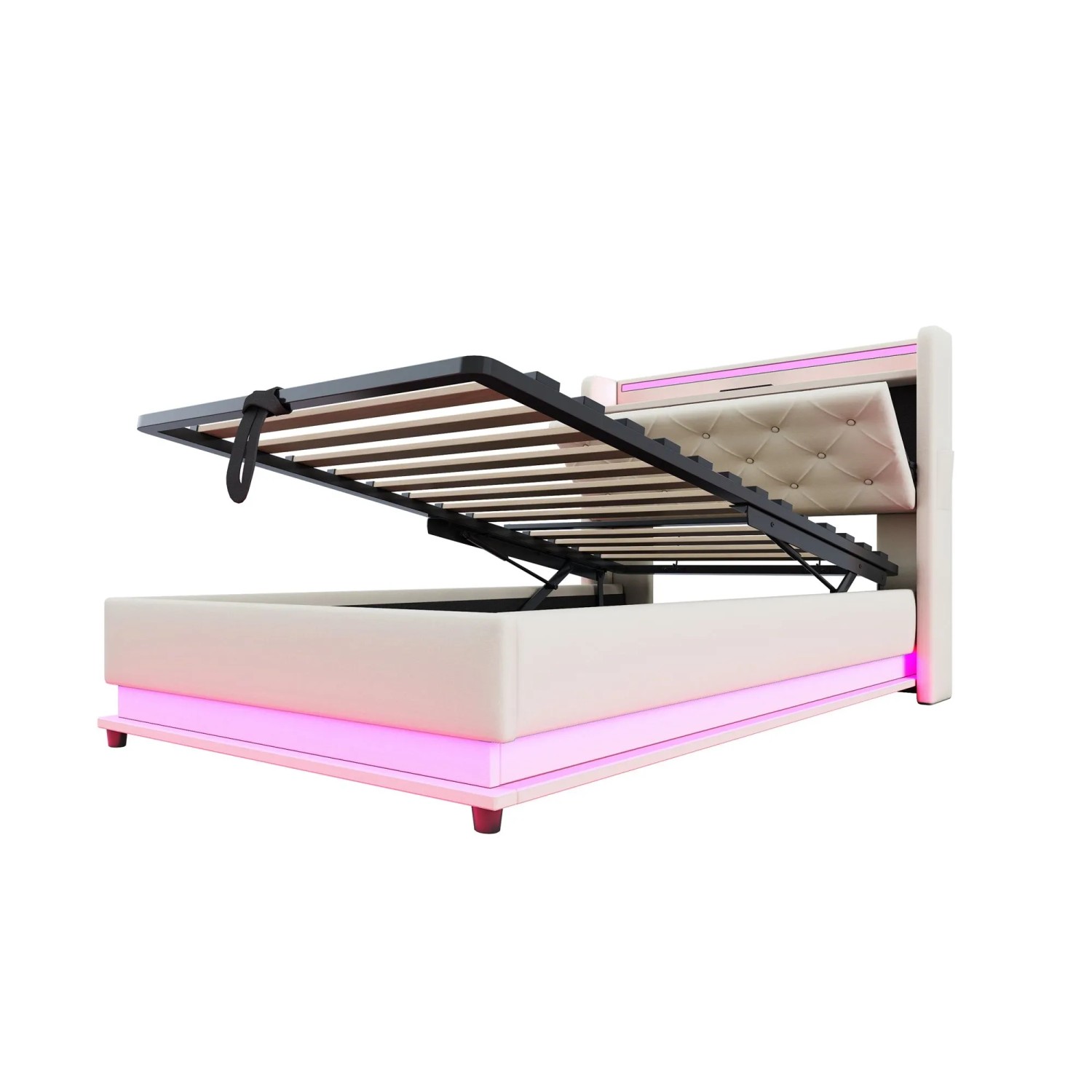 Merax Kinderbett 90x200cm LED USB Hydraulik Leinen Beige
