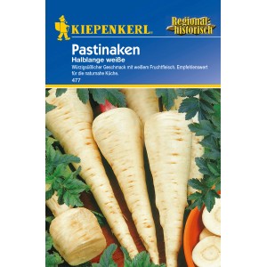 Kiepenkerl Pastinake Halblange weiße Samen: Weiße Pastinaken mit Grün auf einer Packung.
