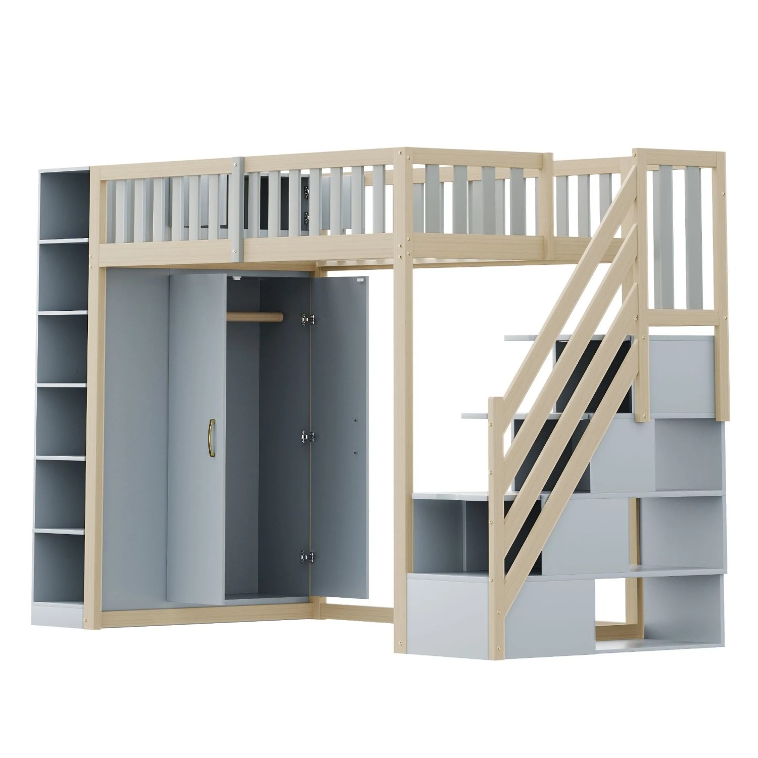 okwish Hochbett 90x200cm mit Regalen und Kleiderschrank Grau ohne Matratze