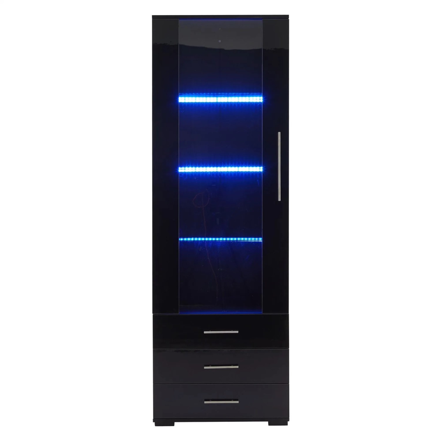 Merax Hochglanz Vitrine LED Glasvitrine 60x35x180 cm mit 3 Schubladen Schwarz