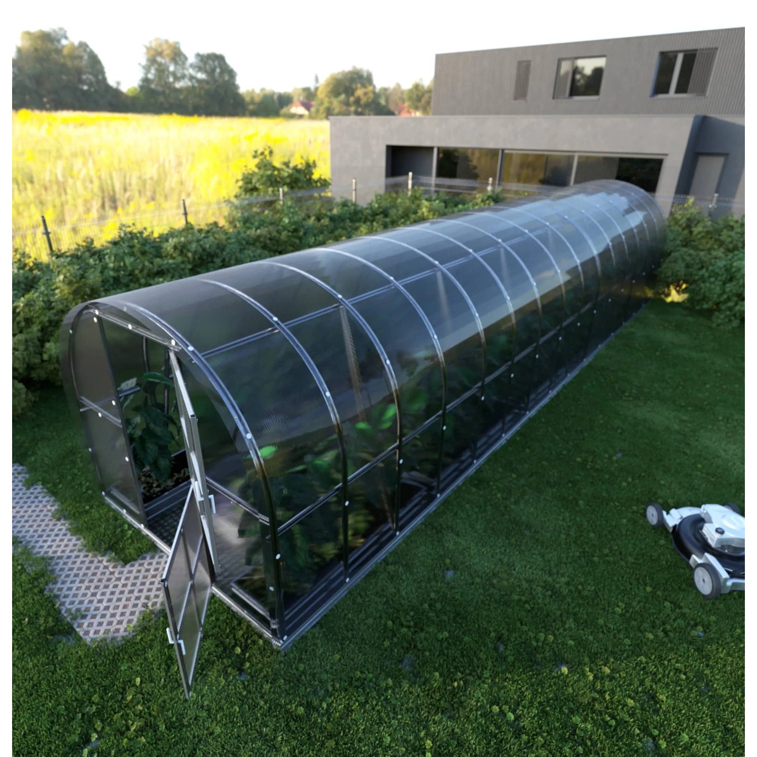 Klasika Arch Gewächshaus 30m² mit Polycarbonatabdeckung im Garten.