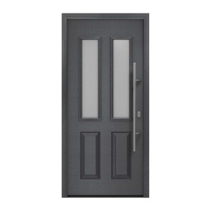 EcoStar Haustür Isopro IP 410S in Anthrazitmetallic mit zwei satinierten Glasausschnitten und Edelstahlgriff.