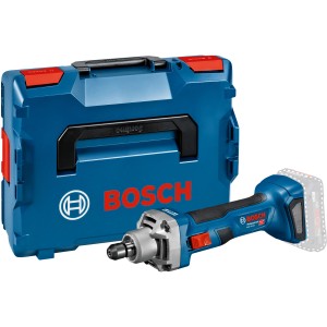 Bosch Professional Akku-Geradschleifer GGS 18 V-20 mit L-Boxx. Blaue Schleifmaschine neben blauem Werkzeugkoffer.