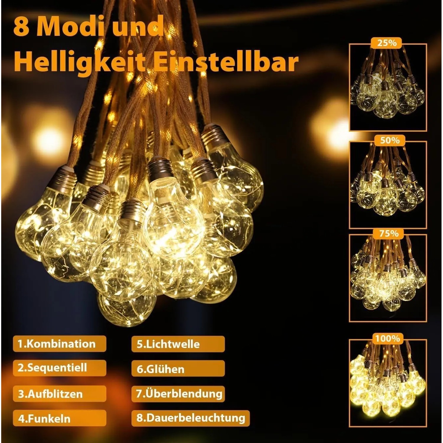 Warmweiße Salcar LED Solar-Lichterkette mit Glühbirnen und Hanfseil. 8 Modi und 4 Helligkeitsstufen für Außenbereich.