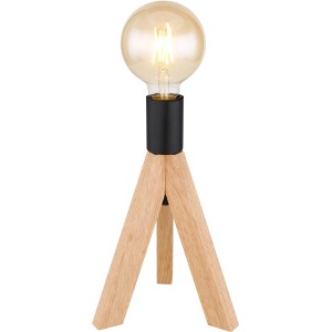 Globo Kira Tischlampe mit Dreibein-Fuß aus Holz und schwarzem Lampenschirm.