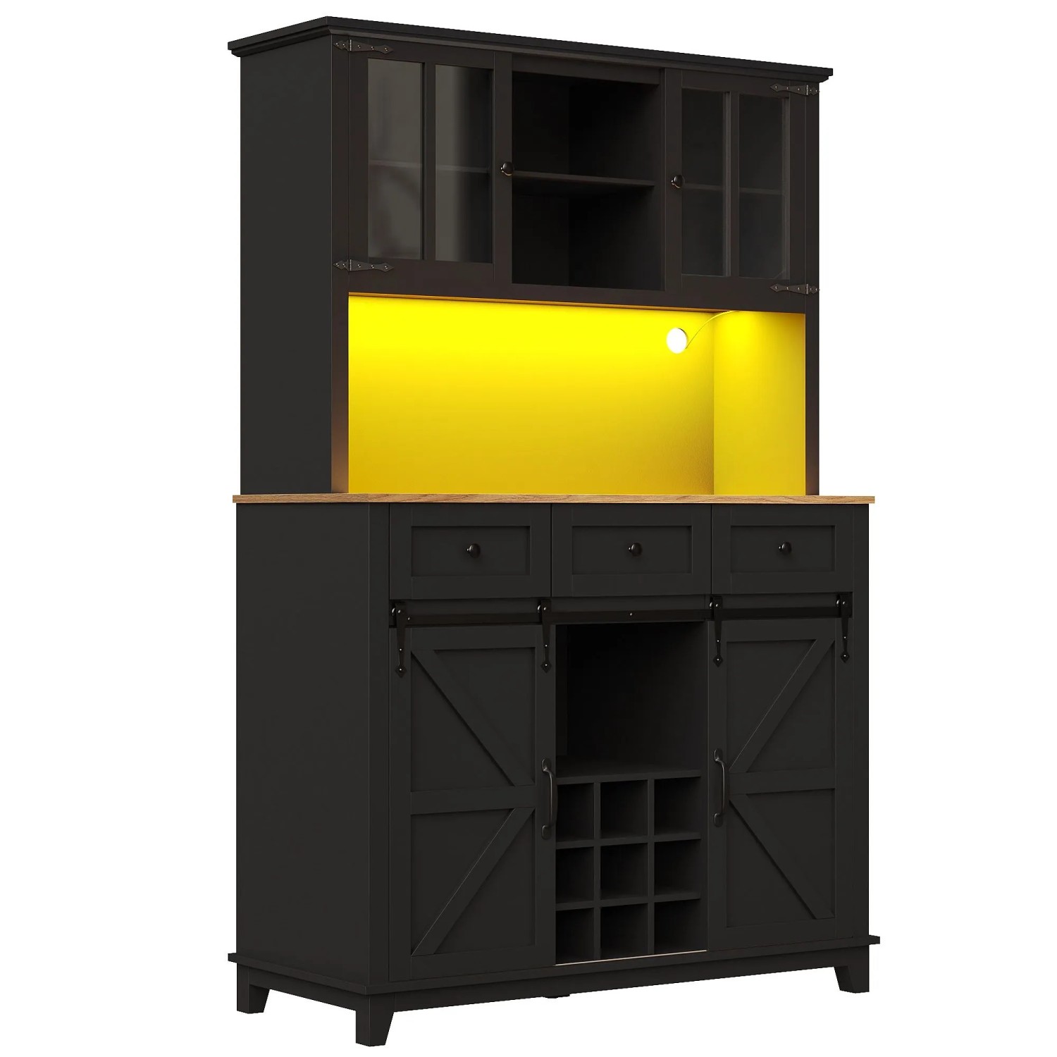 okwish Küchenschrank mit LED Licht Glastür Verstellbare Ablagen Küche 105x38x180cm Schwarz